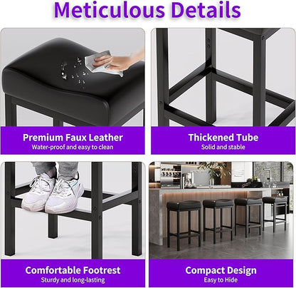 Monhey 30 Inch Bar Stools Set of 2 - Counter Height Bar Stools with Soft Leather Seat, 300LB Heavy Duty Backless Padded Barstool Chair Easy Assembly for Modern Kitchen Island Counter (Black)