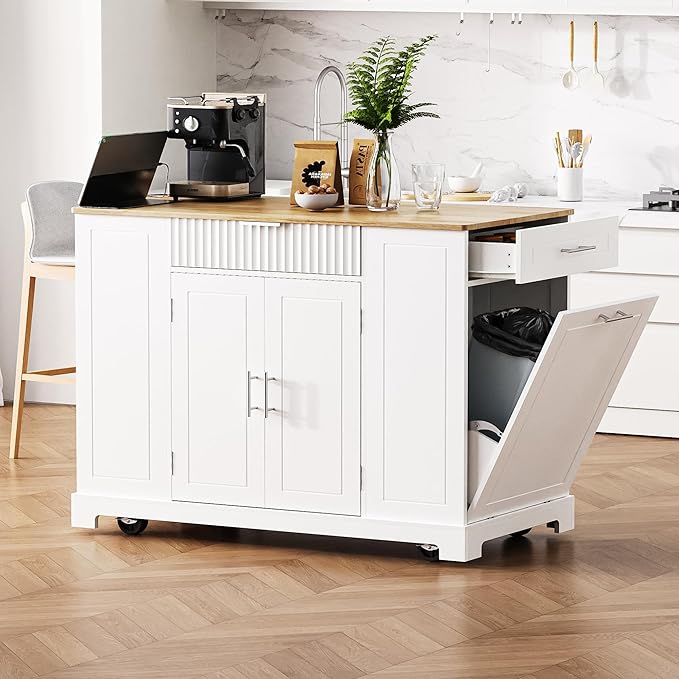 Modern Dining Table Kitchen Island with Drawers, Fluted Design, Power Outlet, Shelves, Mobile Rolling Cart for Dining Room and Kitchen,White-MDF
