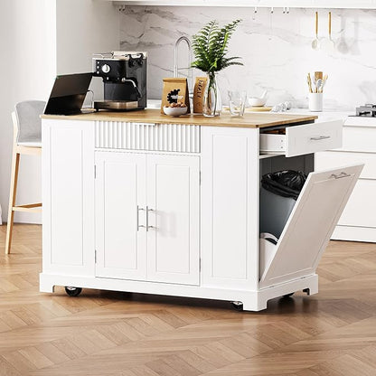 Modern Dining Table Kitchen Island with Drawers, Fluted Design, Power Outlet, Shelves, Mobile Rolling Cart for Dining Room and Kitchen,White-MDF