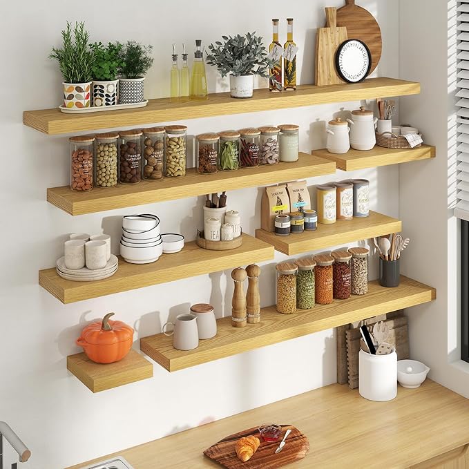 40 Inch Floating Shelves for Wall, 8 Inch Deep Floating Shelf for Storage & Display, Rustic Wall Mounted Shelf with Invisible Brackets for Living Room, Kitchen, Bathroom, Home Decor, Set of 2, Oak