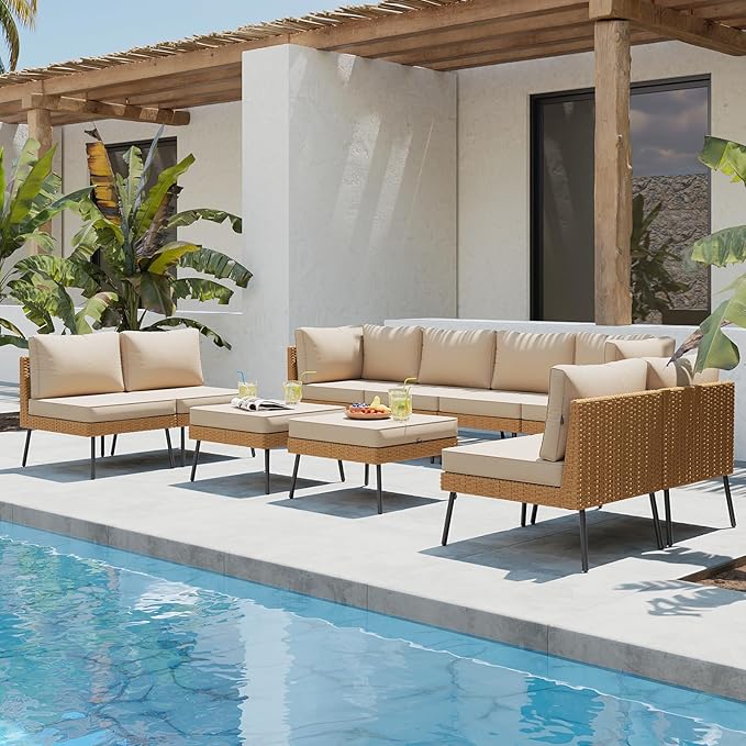 Aoxun 10 Piece Patio Furniture Set, 10 Seats Outdoor Sectional Sofas with Thick Cushion, Wicker Outdoor Patio Furniture Set with Ottomans for Party, Garden, Backyard, Beige