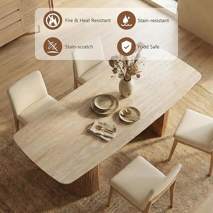 71'' Sintered Stone Dining Table for 6-8 People, Modern Rectangular Kitchen Table with Solid Wood Pedestal, Luxury Mid-Century Dining Room Table for Home Living Room
