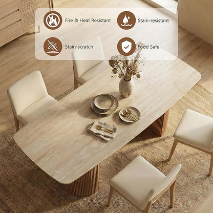 71'' Sintered Stone Dining Table for 6-8 People, Modern Rectangular Kitchen Table with Solid Wood Pedestal, Luxury Mid-Century Dining Room Table for Home Living Room