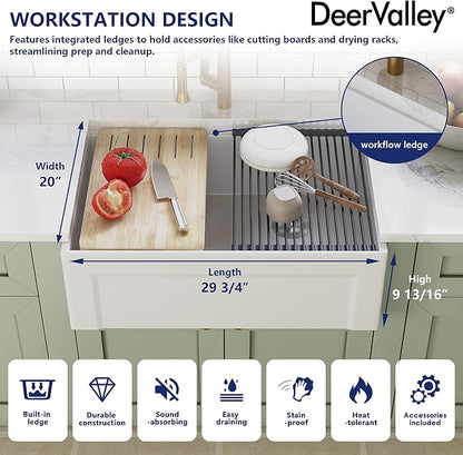 DeerValley White Farmhouse Workstation Sink 30 inch, Reversible Fireclay Deep Single Bowl Apron Front Kitchen Sink, Undermount Farm Sink with Ledge and Accessories