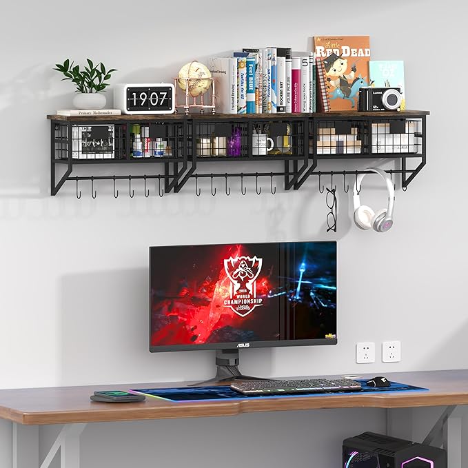 Helsin Industrial Wall Mounted Metal Wood Floating Shelves with Baskets Hooks Hanging Display Shelf Sundries Holder for Coffee Bar Kitchen Bathroom Organization and Home Decor, Black (16inch, 2 Sets)