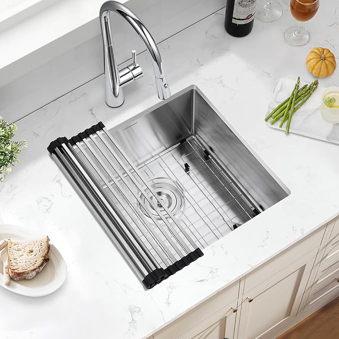18-Inch Undermount Kitchen Bar Sink, SINKVINE Stainless Steel Indoor and Outdoor Sink for Laundry RV, 9-inch Deep Single Bowl with 3.5-inch Drain Strainer, Bottom Rise Grid, Roll-up Drying Unit, 18x18