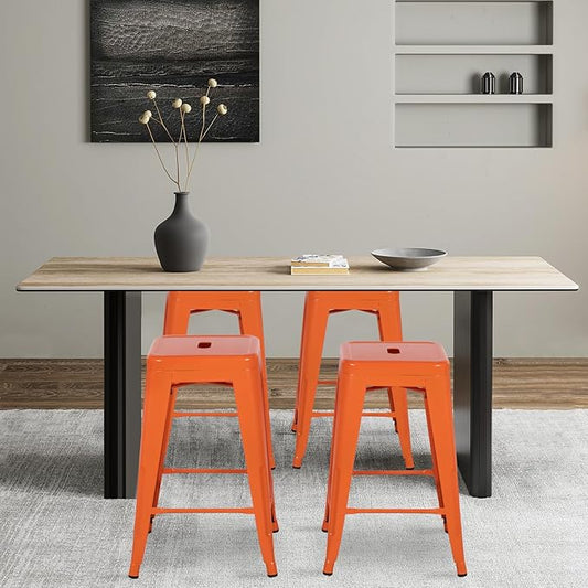 FDW Metal Bar Stools Set of 4 Counter Height Bar Stools 24 Inches Industrial Bar Chairs Patio Stool Stackable Backless Stool Indoor Outdoor Metal Kitchen Stools Bar Chairs (Orange, 24")