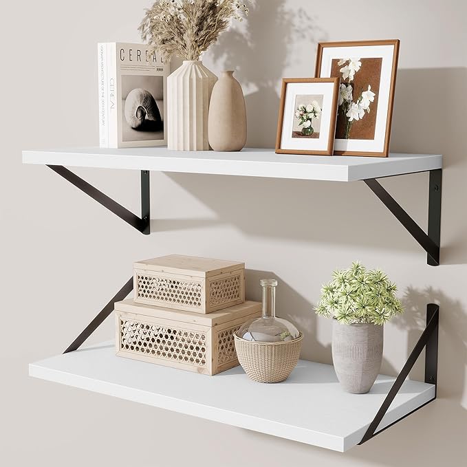 Acovy Deep Floating Shelves,24" Wx10 D Floating Shelf for Wall Set of 2,Hanging Storage Shelf with Metal Brackets,Wide Display Wall Shelves for Living Room,Bedroom,Bathroom,Kitchen,White