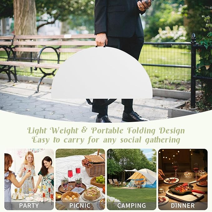 Fivenl 4 FT Round Folding Tables White Foldable Table, Fold-in-Half with Carrying Handle Portable Plastic Table for Party, Dining, Wedding, Camping, Picnic, Indoor Outdoor Events