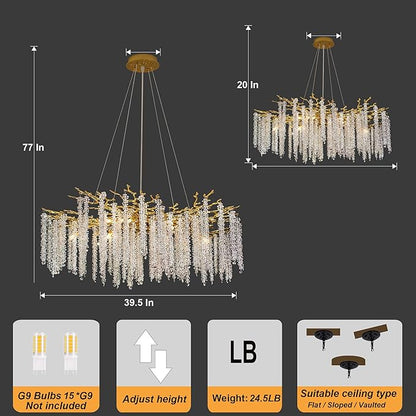 Tree Branches Chandeliers Luxury Round Raindrop Crystal Pendant Light 15 Lights Tassel Ceiling Hanging Light for Dining Room Bedroom Living Room Entryway 39.5" Gold