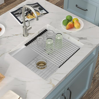 21"x18" Undermount Wet Bar Sink Workstation - White Granite Composite Quartz Classic Single Bowl Under Counter Small Kitchen Bar Prep RV Sink Basin