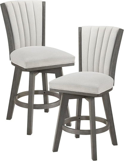 Lexicon Swivel Counter Stools Set of 2, Wood Frame Counter Height Stools with Footrest and Back, for Kitchen Island, Dining Room, 25" SH, Grey Finish and Thick Beige Velvet Cushion Seat