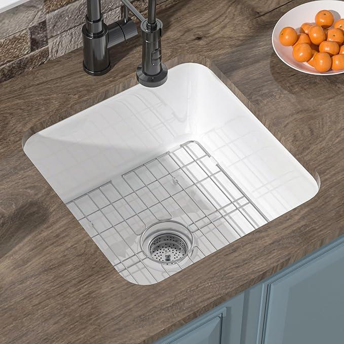 Small Undermount Bar Sink White 18 x 18 Inch, 9" Height Topmount Fireclay Kitchen Sink Drop In Single Bowl, Dual Mount Heavy Duty, w Accessory 2 Types, White, for Kitchen, Outdoor
