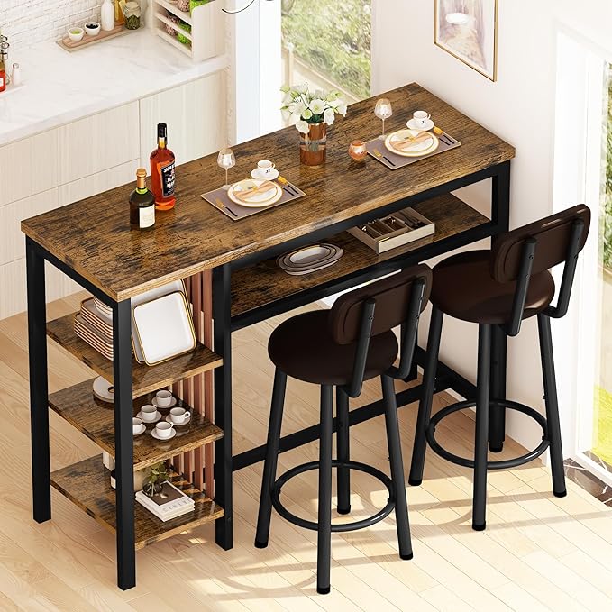 Recaceik 47" Bar Dining Table Set for 2, 3 Piece Bar Table and Chairs Set, Kitchen Counter Height Dining Table Set, Small Kitchen Bar Table with Storage & 2 Stools, Breakfast Nook Set for Small Space