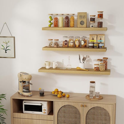 Floating Shelves Wall Shelf 40 Inch, 8 Inch Deep Floating Shelf for Wall, Farmhouse Black Wood Shelves Invisible Bracket for Living Room, Bedroom, Kitchen, 40 x 8 x 1.4 Inch, Set of 2, Oak Color