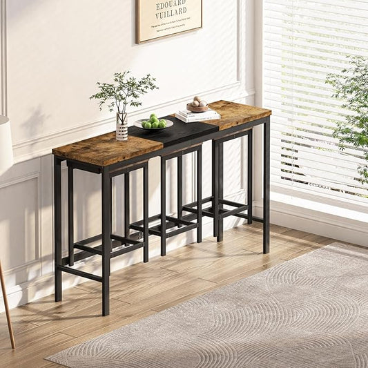 4 Piece Modern Design Kitchen Dining Table,1 Bar Table and Small Kitchen Table Set for 3,Wooden Counter Height Table Set for Kitchen,Convenient Hanging Stool Design,Dining Room Island Table (Natural)