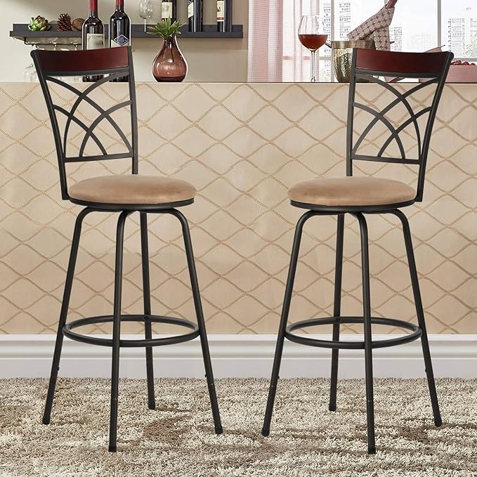 VECELO Bar Stools Set of 2, 24/29" Height Adjustable Barstool,Swivel Counter Stool with Upholstered Seat/Footrest/Back,Steel Bistro Pub Chairs, Island Chairs,Wood Top Backrest