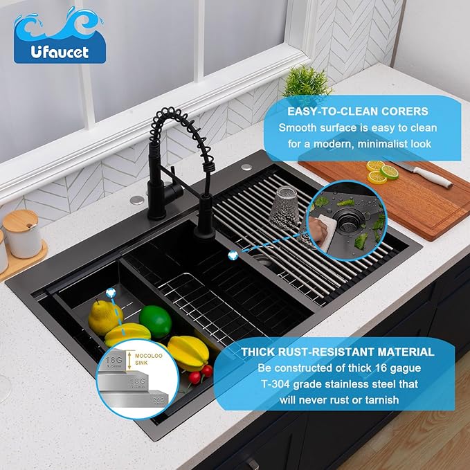 60/40 Drop In Double Bowl Kitchen Sink Black, 33x22 Inch Gunmetal Black Drop In Kitchen Sink Ledge Workstation 16 Gauge Stainless Steel Topmount Dual Basin with Cutting Board