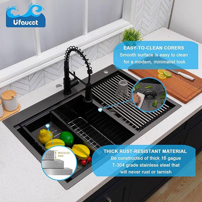 60/40 Drop In Double Bowl Kitchen Sink Black, 33x22 Inch Gunmetal Black Drop In Kitchen Sink Ledge Workstation 16 Gauge Stainless Steel Topmount Dual Basin with Cutting Board