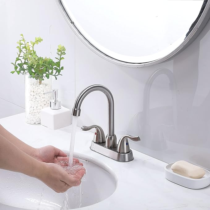 Hotis 2 Pack Bathroom Sink Faucet Brushed Nickel, 4 Inch 2 Handle Bathroom Sink Faucet for 1 or 3 Hole, Centerset Bathroom Faucet for Sink Vanity, with Pop-up Drain and Supply Hoses, HT-SLYT008L-2-1
