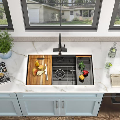 30 Undermount Kitchen Sink Black - Fulorni 30"x19" Kitchen Sink Ledge Workstation Gunmetal Black NANO-PVD 16 Gauge 304 Stainless Steel Under Counter Single Bowl Basin