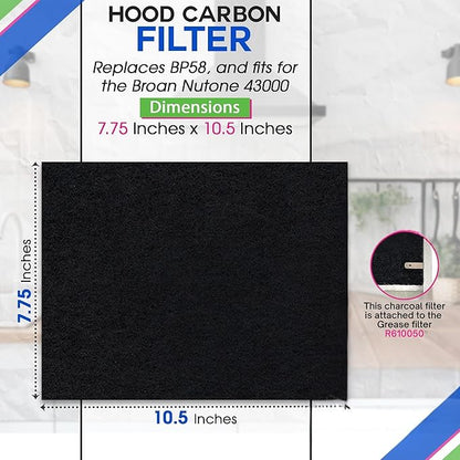 Range Hood Charcoal Filter 7.75” x 10.5” - Fits Broan and Nutone BP58 For 43000 Series Range Hoods - Broan Range Hood Filter Replacement - Carbon Stove Vent Fan Filters Removes Kitchen Odors (6-Pack)