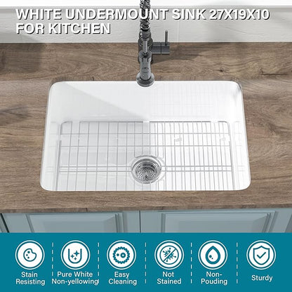 Undermount Kitchen Sink White 27 x 19 Inch,10" High Top Mount Fireclay Sink Drop In Single Bowl, Dual Mount, with Accessory 2 Types, Pure White, for Kitchen & Laundry