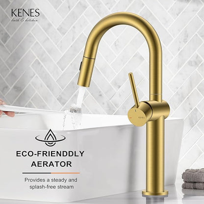 KENES Brushed Gold Tall Bathroom Faucets with Pull Down Sprayer, High Vessel Sink Faucet with Pull Out Sprayer, Single Handle Vanity Faucet 1 Hole with Pop Up Drain & Supply Lines, LJ-9065A-4