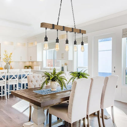 LALUZ Kitchen Island Lighting, 5-Light Farmhouse Linear Chandeliers for Dining Room, 35.5'' Rustic Faux Wood Island Lights for Kitchen