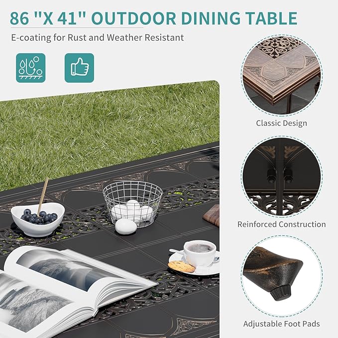 GarveeLife Cast Aluminum Outdoor Dining Table, 86.6 in Patio Dining Table with Adjustable Foot Pads for Garden, Backyard, Deck, Dark Bronze