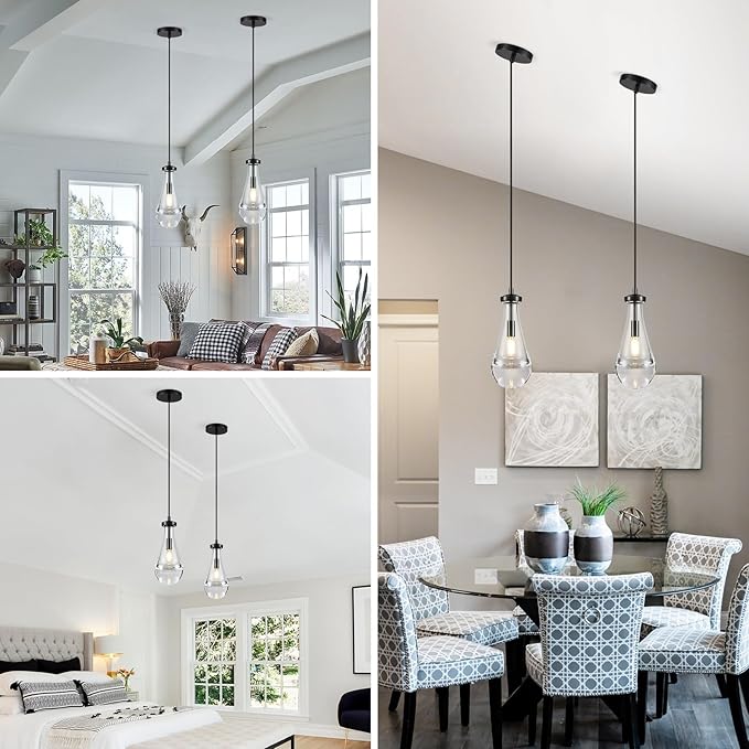 2 Pack Pendant Light for Kitchen Island, Raindrop Black Modern Crystal Glass Pendant Lights, Pendant Lights in Kitchen Island, E12 Bulb Indoor Island Pendant Lights,for Dining Room,Living Room