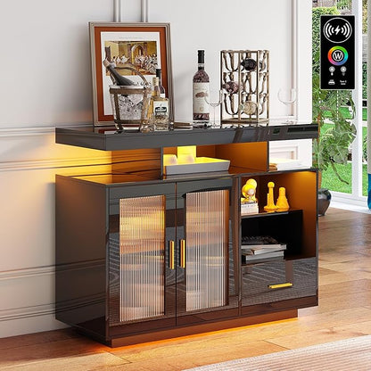 HNEBC LED Sideboard Buffet Cabinet with Charging Station, Smart Bar Cabinet with Auto RGB Lighted, High Gloss Coffee Bar with Drawer/Hutch for Living Room, Dining Room, Home Storager(Black)