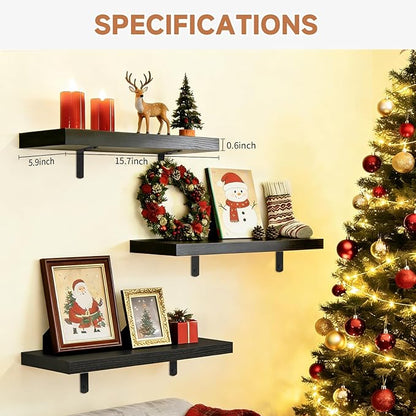 Easy Install Floating Shelves, 15.7 Inch Wall Mounted Wood Shelf,Hanging Shelf for Home Decor, Books and Storage, Small Organizer for Bedroom, Bathroom, Kitchen, Set of 3, Black