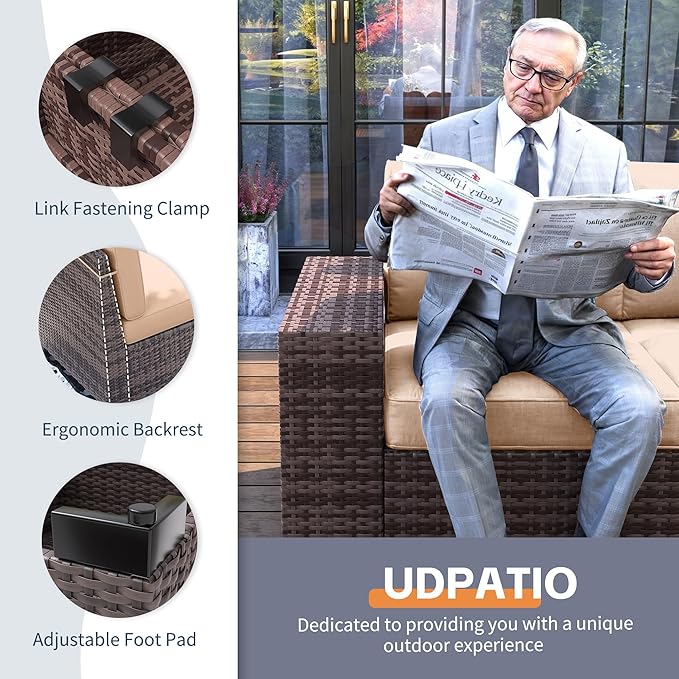 UDPATIO Patio Furniture Set, 8 Inch Armrest Outdoor Sectional Sofa with Wicker Coffee Table, 6 Piece Conversation for Garden, Backyard, Khaki