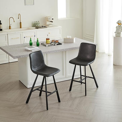 26" Counter Height Bar Stools Set of 2,Faux Leather Barstools with Ergonomic Backrest & Footrest, Sturdy Black Metal Frame PU Bar Chairs for Kitchen Island, Home Bar, Restaurant (Black)