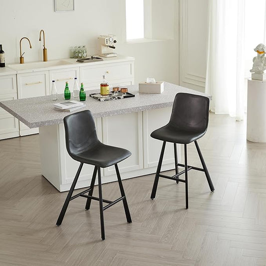 26" Counter Height Bar Stools Set of 2,Faux Leather Barstools with Ergonomic Backrest & Footrest, Sturdy Black Metal Frame PU Bar Chairs for Kitchen Island, Home Bar, Restaurant (Black)