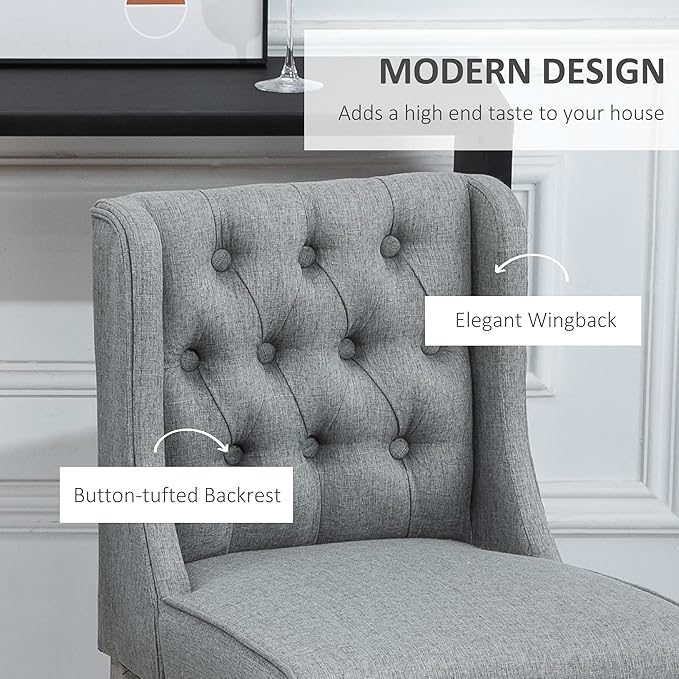 HOMCOM 26.25" Counter Height Bar Stools, Tufted Wingback Armless Upholstered Dining Chair with Rubber Wood Legs, Set of 2, Gray