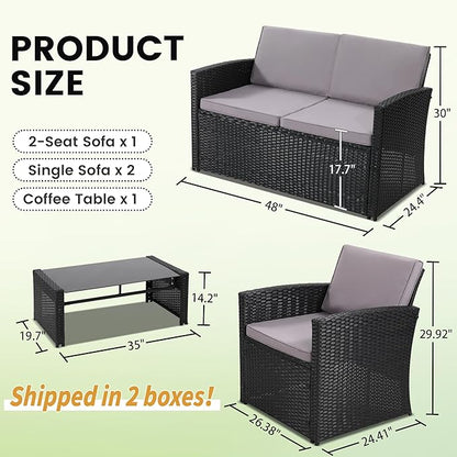 KROFEM 4-Piece Patio Furniture Set, Wicker Outdoor Rattan Sectional Sofa with Cushions and Glass Table, All-Weather Outdoor Conversation Set, Ideal for Garden, Porch, Backyard, Grey
