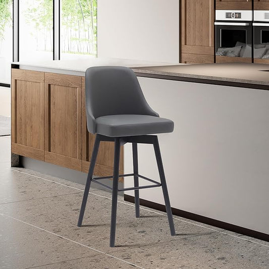 Armen Living Sicily Modern Farmhouse 30" Seat Height Swivel Black Wood Bar Stool for Kitchen Island Counter in Gray Faux Leather