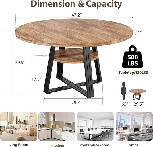 GarveeHome 47 Inch Round Dining Table for 4-6, Farmhouse Pedestal Kitchen Table with Storage Shelf, Space-Saving Circle, for Kitchen, Dining Room, Living Room, Apartment, Table Only- Retro