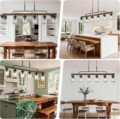 6-Light Rustic Farmhouse Dining Room Light, Black Mason Jar Chandelier Lighting Fixture for Kitchen Island, Dining Room, E26 Cluster Hanging Pendant Light with Jar Glass Shade