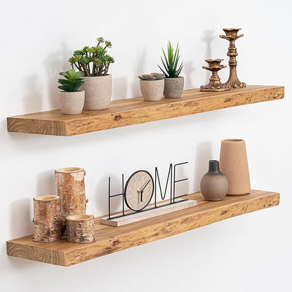 Acovy Extra Deep 32" Long Live Edge Rustic Floating Shelves for Wall, Solid Wood Wall Shelves with Invisible Bracket Mount for Living Room Bathroom Bedroom Kitchen, Set of 2, Natural