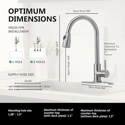Comllen Kitchen Faucet with Pull Down Sprayers, Brushed Nickel Kitchen Faucets, Modern Pull Out Stainless Steel Kitchen Sink Faucet Single Handle Faucet Swivel Spout with Deck Plate