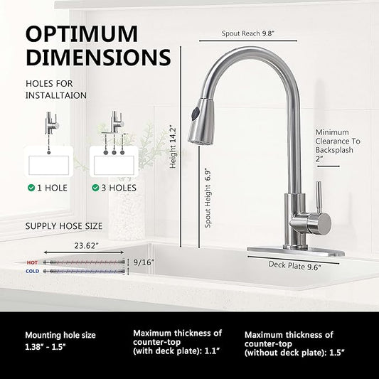 Comllen Kitchen Faucet with Pull Down Sprayers, Brushed Nickel Kitchen Faucets, Modern Pull Out Stainless Steel Kitchen Sink Faucet Single Handle Faucet Swivel Spout with Deck Plate