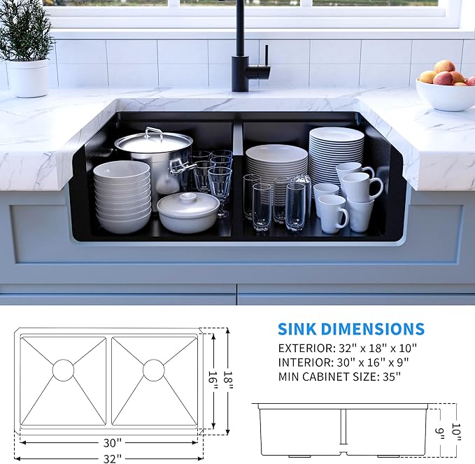 MILOSEN Black Double Bowl Kitchen Sink, 32 x18 inch 16 Gauge T304 Black Stainless Steel Undermount Workstation Sinks, 10'' Deep 50/50 Double Bowl Basin, Handmade Black Sink with Accessories