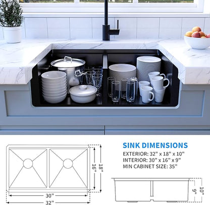 MILOSEN Black Double Bowl Kitchen Sink, 32 x18 inch 16 Gauge T304 Black Stainless Steel Undermount Workstation Sinks, 10'' Deep 50/50 Double Bowl Basin, Handmade Black Sink with Accessories