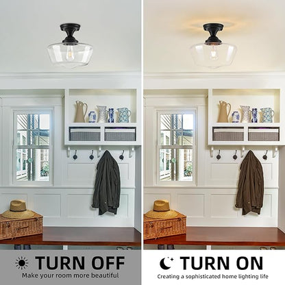 Black Schoolhouse Light Fixture 12" Mid Century Light Fixture Schoolhouse Light Fixtures Ceiling Clear Glass Semi Flush Mount Ceiling Lights for Bedroom Bathroom Kitchen(Bulb Incl.)