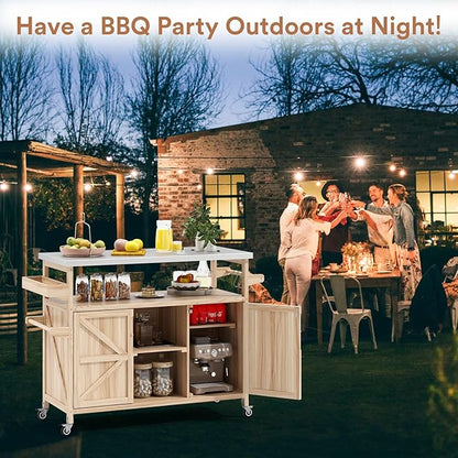 Zevemomo Outdoor Grill Cart with Storage, Stainless Steel Tabletop Outdoor Kitchen Island, Solid Wood Outdoor Buffet Cabinet with Wheels for Grilling, Light Wood Color
