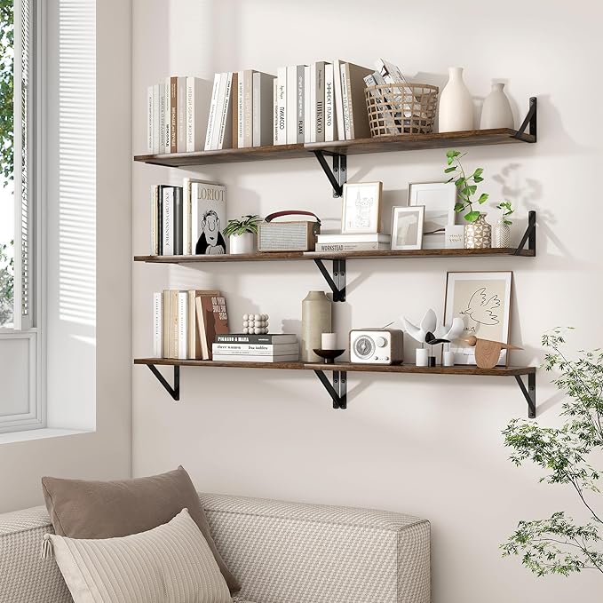 Axeman 55 Inch Floating Shelves | 8 Inch Deep Brown Wall Shelves Set of 2 | 55" W x 8" D Rustic Brown Wood Shelves for Bathroom Kitchen Living Room