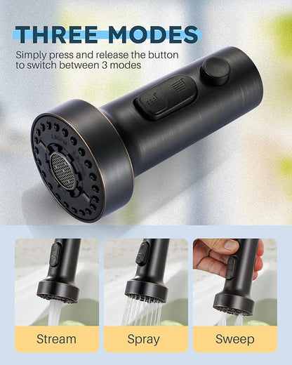 Stainless Steel Kitchen Faucet Head: ARCORA 3-Function Kitchen Faucet Head Replacement with 13 Adapters - Oil Rubbed Bronze Pull Down Spray Head Compatible with Moen, Delta, American Standard Faucets